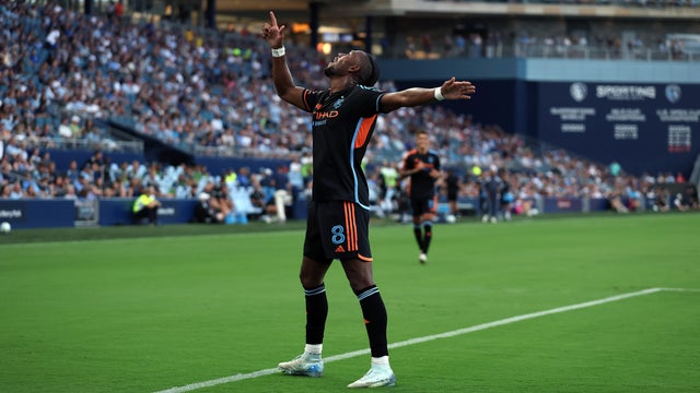 Andrés Perea #8 of New York City celebrates after scoring during the 1st half of the match against Sporting Kansas City at Children's Mercy Park on July 19, 2025 in Kansas City, Kansas. 