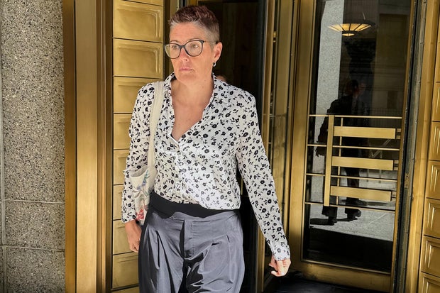 Christine Hunsicker, former CEO of fashion startup CaaStle Inc., leaves Manhattan federal court in New York, July 18, 2025, after pleading not guilty to charges alleging she cheated investors out of more than $300 million since 2019. 