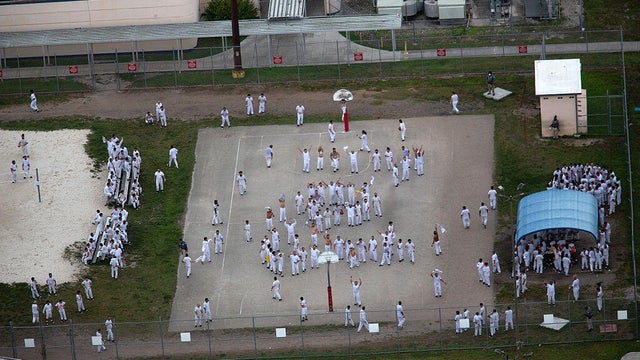 In an aerial view from a helicopter, detainees are seen at Krome Detention Center run by ICE on July 4, 2025, in Miami. 