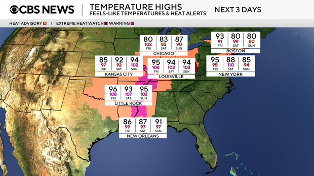 A map shows the expected high temperatures in parts of the U.S. from Thursday, July 24, to Saturday, July 26, 2025. 