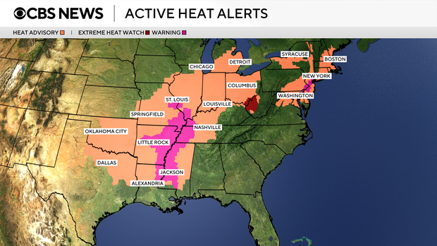 A map shows where heat advisories and warnings are in effect on Thursday, July 24, 2025. 