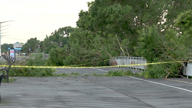 Police tape blocks off part of the Staten Island boardwalk where trees have toppled onto a railing 