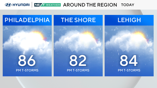 A map showing that much of the Philadelphia region is at risk of severe storms Sunday 