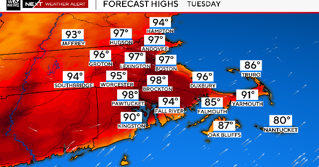 Extreme heat is back across most of Massachusetts to start the week 