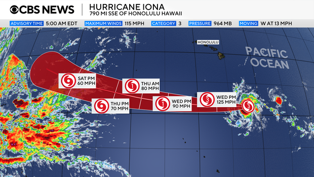 A map shows the projected path of Hurricane Iona in the Pacific