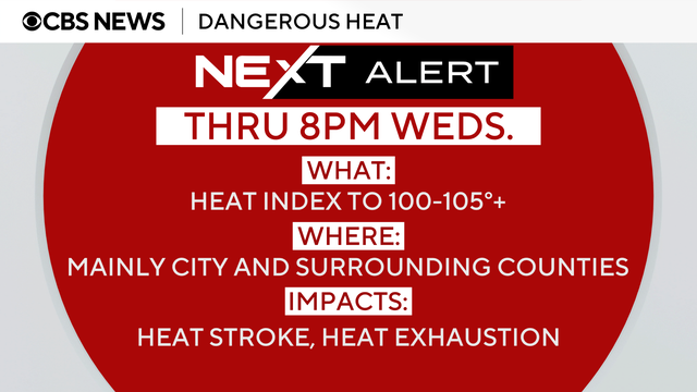 Next weather alert in effect through Wednesday at 8 p.m., heat index as high as 100 to 105 degrees, affecting Philadelphia and surrounding counties, could cause heat stroke and heat exhaustion 