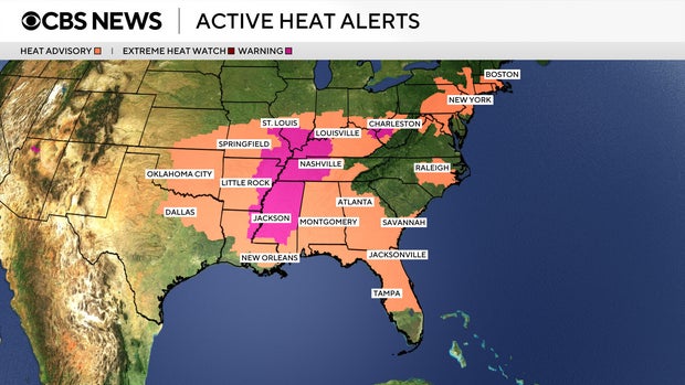 Map shows areas under heat alerts on Wednesday, July 30, 2025. 