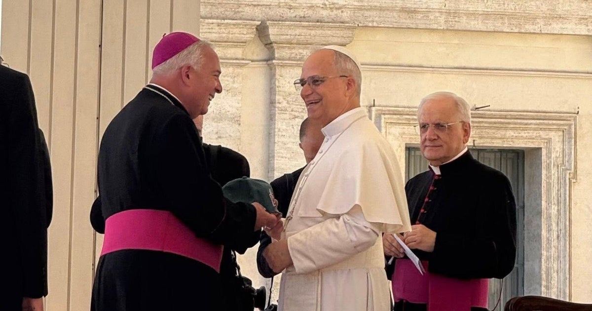 Pope Leo Xion acknowledging, but he does not dress, Philadelphia Eagles Hat as Philly Arbibousa Vatican