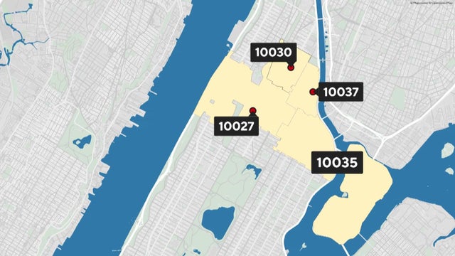 A map showing the 10027, 10030, 10037 and 10035 ZIP codes in Harlem 
