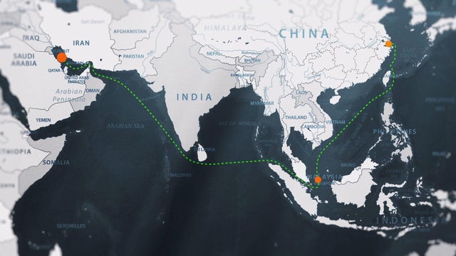 A map shows how Iranian oil is transported to China. 