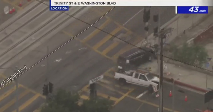 Downtown LA pursuit suspect crashes into vehicle, flips car 