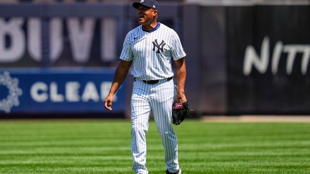 Former New York Yankees' Mariano Rivera plays during the first inning of the Yankees Old-Timers' Day Game before a baseball game against the Houston Astros, Saturday, Aug. 9, 2025, in New York. 
