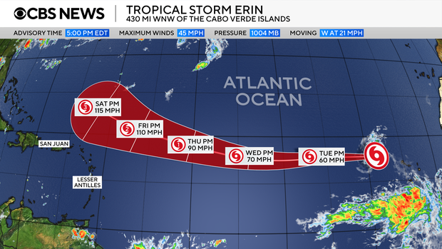 A map shows the projected path of Tropical Storm Erin as of 5 p.m. EDT on Aug. 11, 2025. 
