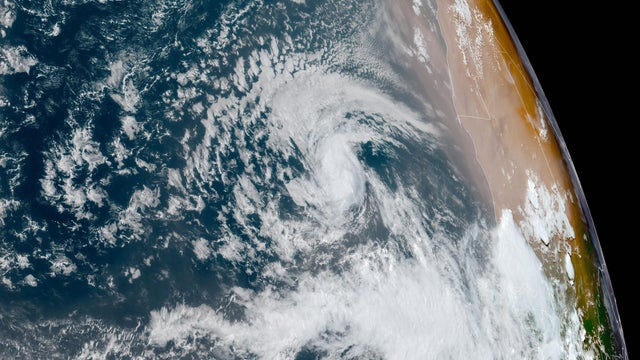 Tropical Storm Erin is seen in the eastern Atlantic Ocean in a satellite image captured at 1:40 p.m. EDT, Aug. 11, 2025. 