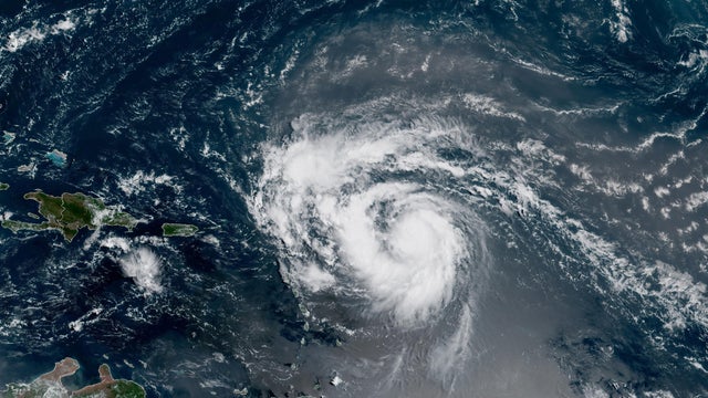 A satellite image shows Tropical Storm Erin at 9:50 a.m. EDT, Aug. 15, 2025. 