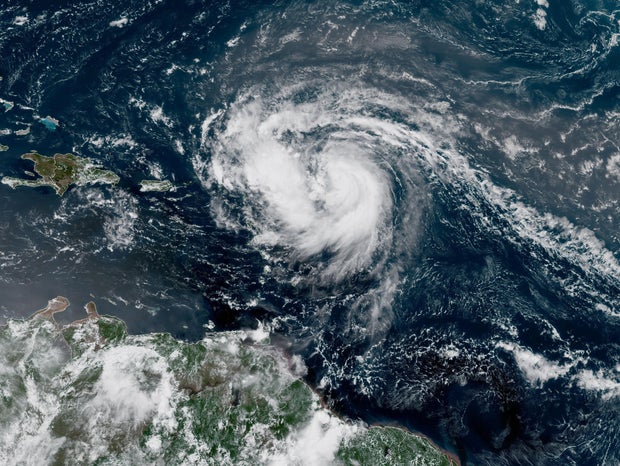 A satellite image shows Hurricane Erin at 1:10 p.m. EDT, Aug. 15, 2025. 