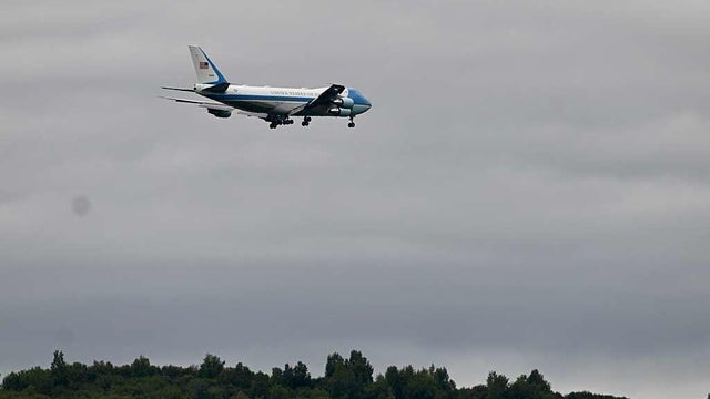 Air Force One lands ahead of President Trump's meeting with Russian President Vladimir Putin at Elmendorf-Richardson Joint Base in Alaska on Aug. 15, 2025. 