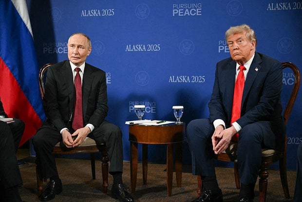 President Trump and Russian President Vladimir Putin meet during their summit on Ukraine at Joint Base Elmendorf-Richardson in Anchorage, Alaska, on Aug. 15, 2025. 