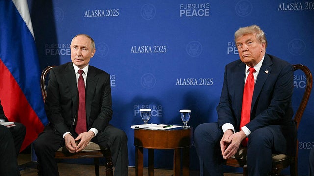 President Trump and Russian President Vladimir Putin meet during their summit on Ukraine at Joint Base Elmendorf-Richardson in Anchorage, Alaska, on Aug. 15, 2025. 