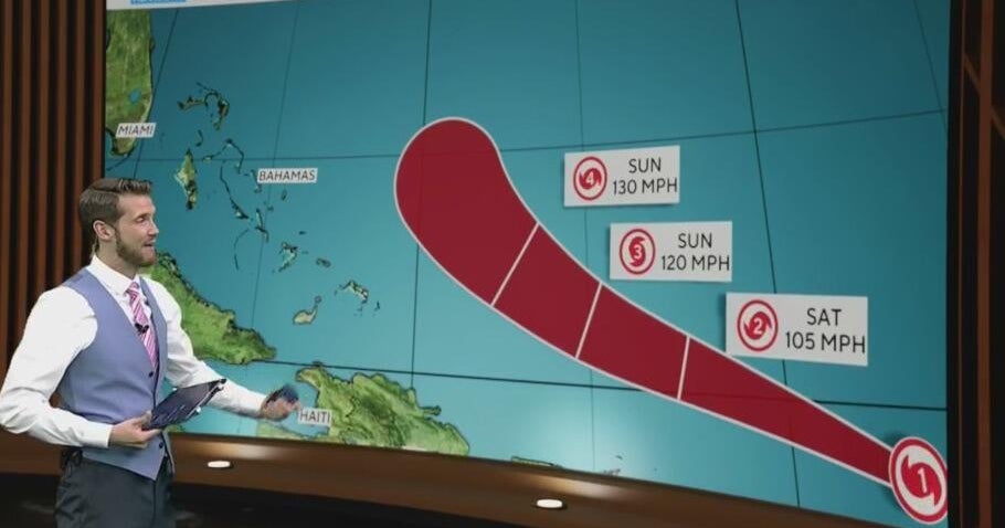 Hurricane Erin continues to move west/northwest across the Atlantic – CBS News