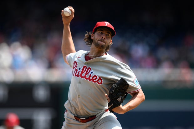 Aaron Nola throws during the first inning of a baseball game against the Washington Nationals, Sunday, Aug. 17, 2025, in Washington. 