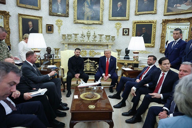 President Trump meets with Ukrainian President Volodymyr Zelenskyy in the Oval Office at the White House on Aug. 18, 2025. 
