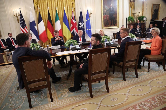 President Trump hosts a meeting with Ukrainian President Volodymyr Zelenskyy and European leaders at the White House on Aug. 18, 2025. 