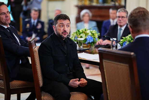 Ukrainian President Volodymyr Zelenskyy speaks during a multilateral meeting with European leaders in the East Room of the White House on Monday, Aug. 18, 2025. 