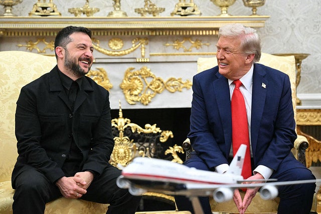 Ukrainian President Volodymyr Zelensky and President Trump participate in a meeting in the Oval Office of the White House in Washington, D.C., on Aug. 18, 2025. 