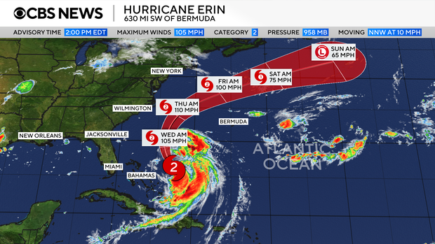 A map shows Hurricane Erin's forecast path as of Tuesday afternoon, Aug. 19, 2025. 