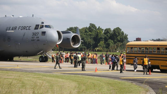 Deported migrants arrive from the U.S. in a military plane at Ramon Villeda Morales airport in Cortes, Honduras, on Jan. 31, 2025. 
