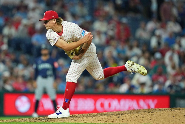 Nolan Hoffman #47 of the Philadelphia Phillies throws a pitch in the top of the ninth inning against the Seattle Mariners at Citizens Bank Park 