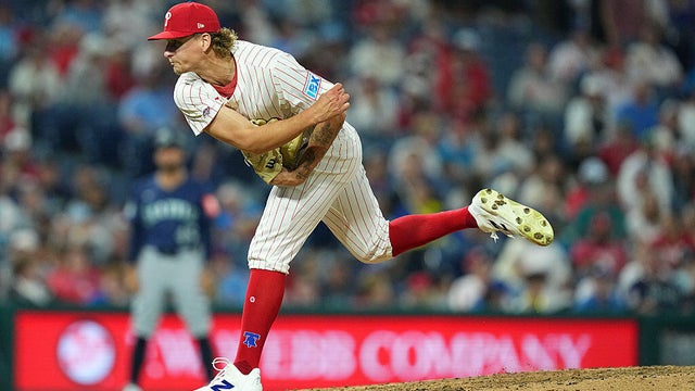 Nolan Hoffman #47 of the Philadelphia Phillies throws a pitch in the top of the ninth inning against the Seattle Mariners at Citizens Bank Park 
