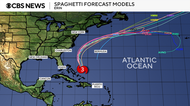 A "spaghetti map" shows forecast models of the path of Hurricane Erin as of early Tuesday, Aug. 19, 2025.