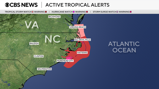 A map shows tropical alerts on the East Coast as of Tuesday afternoon, Aug. 19, 2025. 