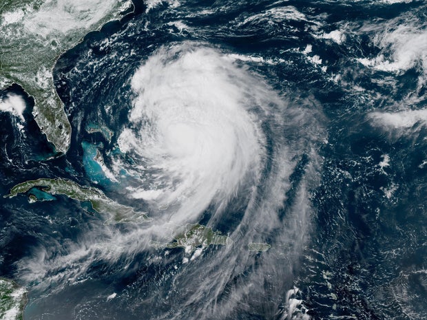 A satellite image shows Hurricane Erin at 2:10 p.m. EDT, Aug. 19, 2025. 