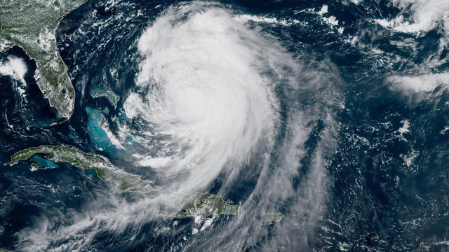 A satellite image shows Hurricane Erin at 2:10 p.m. EDT, Aug. 19, 2025. 