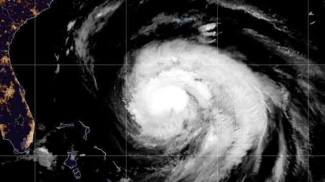 A satellite image shows Hurricane Erin at 2:10 p.m. EDT, Aug. 19, 2025. 