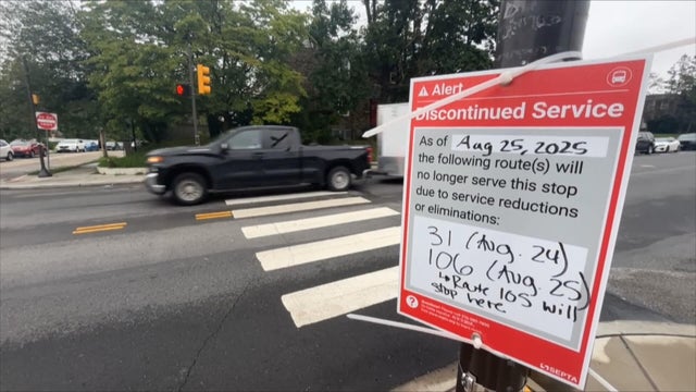 A sign warns riders that service on two bus lines -- 31 and 106 -- will be discontinued on August 24 and August 25, respectively 