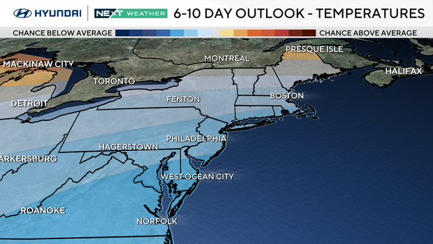Weather map showing that below-average temperatures are expected all along the east coast for the next 6 to 10 days 