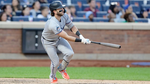 Connor Norby #1 of the Miami Marlins follows through on his ninth inning two-run double against the New York Mets at Citi Field on August 30, 2025 in New York City. 