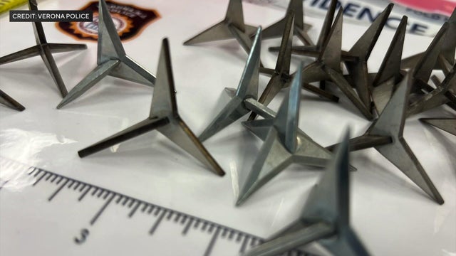 Spikes that were found on a wooded trail