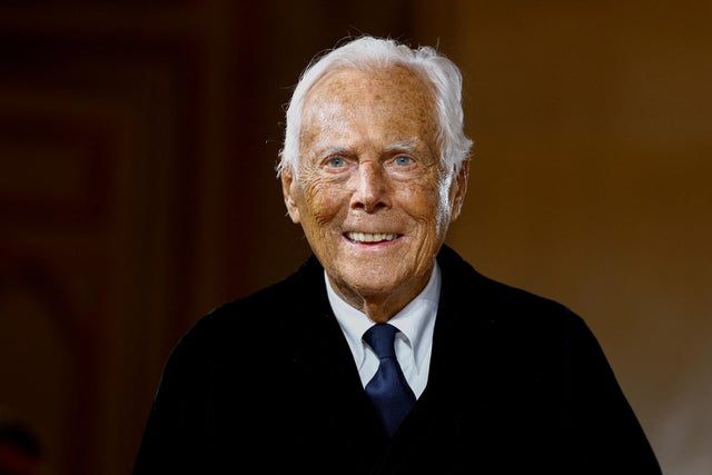 Designer Giorgio Armani appears at the end of his Haute Couture Spring/Summer 2025 collection show in Paris, France, Jan. 28, 2025. 