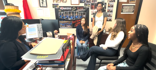 Principal Sandy Hattar speaks to students at Yonkers Middle High School 
