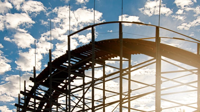 Roller Coaster , Amusement Park Ride, Puffy Clouds, Blue Sky 