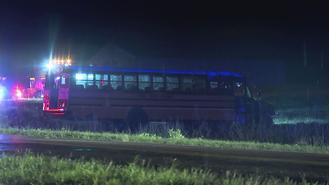 A school bus carrying a high school softball team crashed west of Minco, Oklahoma, Sept. 8, 2025. 