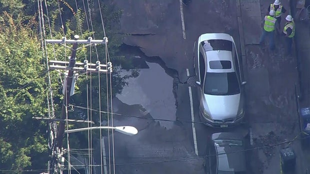 An aerial view of a water main break in Hoboken, New Jersey