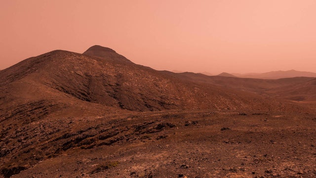Red landscape of the Mars planet during Nasa expeditions with rover. 