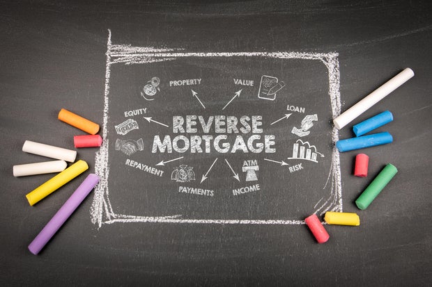 REVERSE MORTGAGE Concept. Illustration with icons, keywords and arrows 
