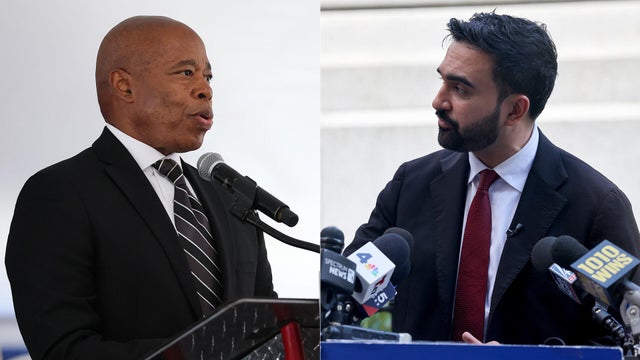 Left: Democratic mayoral candidate Zohran Mamdani speaks during the National Action Network's Saturday action rally at House of Justice in Harlem, Saturday, June 28, 2025, in New York.; Right: New York City Mayor Eric Adams speaks during a press conferenc 